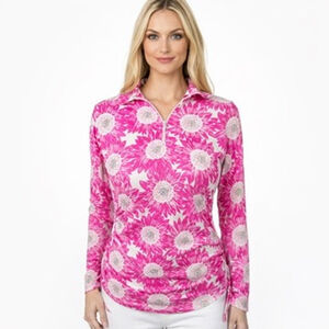 Ibkul Ruthie Long Sleeve 1/4 Zip Pullover Pink Daisy Golf Top UPF 50+ Size XS